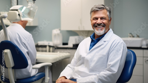 Cheerful dentist man wearing a lab coat standing in a dental clinic with a dental chair and equipment in the background.