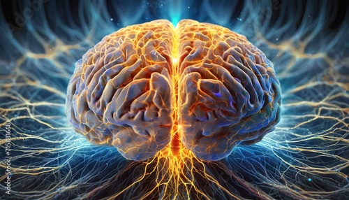 Artystyczny obraz aktywności ludzkiego mózgu, komunikacji neuronów. Fale mózgowe, impulsy elektryczne w mózgu
