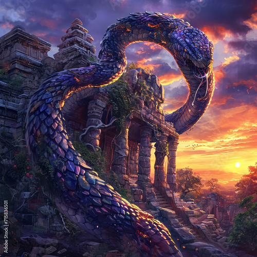 A Majestic Naga Serpent Coiling Around an Ancient Temple Ruins at Sunset, Symbolizing Mystery and Ancient Lore