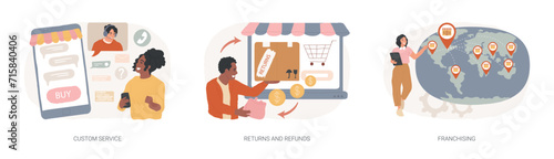 Retail ecommerce isolated concept vector illustration set. Custom service, returns and refunds, franchising, website live chat, user experience, product and service, trademark vector concept.