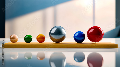 Row of colorful balls sitting on top of wooden table next to window.