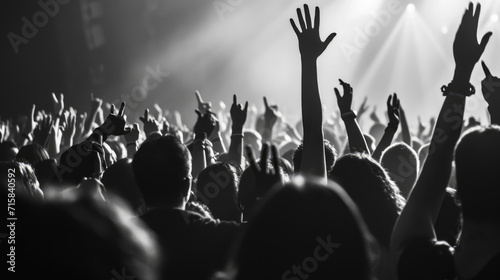 Monochrome image of a crowd at a concert, with many hands raised in the air, silhouetted against bright stage lights.