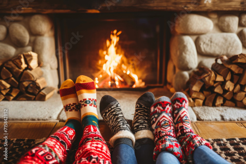 vue sur des paires de pieds avec des chaussettes d'hiver dans le style de noël, feu de cheminée en arrière plan