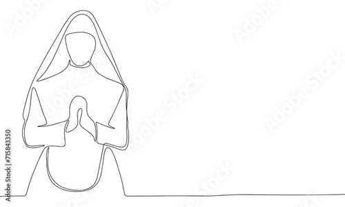 One line continuous nun. Line art nun isolated on white background. Hand drawn vector art.