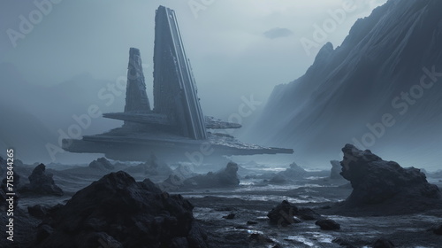 alien black sand landscape, foreground giant Sulphide minerals, spaceship, Nordic rocky black rubble environment, in background is sci-fi futuristic spaceship