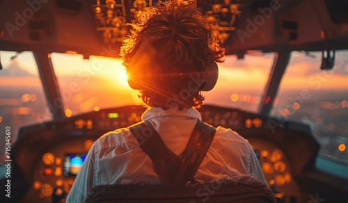 Pilot in airplane cabin gets ready for landing. Beautiful sunset on horizon