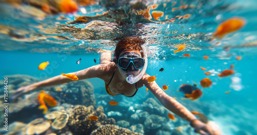 young woman at snorkeling in the tropical water with many colourful fishes summer concept