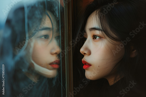 The young Azian woman looks at her reflection