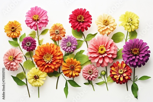 Vibrant cluster of zinnia flowers on a clean white backdrop, suitable for elegant text overlay.