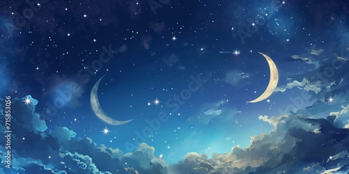 the night sky with twinkling stars and a crescent moon