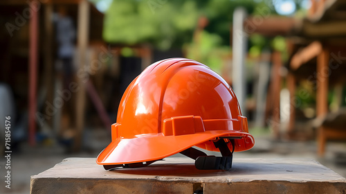 Un casque de sécurité orange avec un arrière plan un chantier de construction.