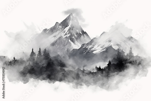 Foggy watercolor mountains, hills and trees isolated elements ,mountains watercolor forest wild nature. watercolor mountain range with high peaks against the blue sky.