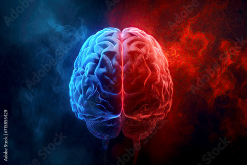 Conceptual Image of a Human Brain with Blue and Red light Representing Logic and Creativity