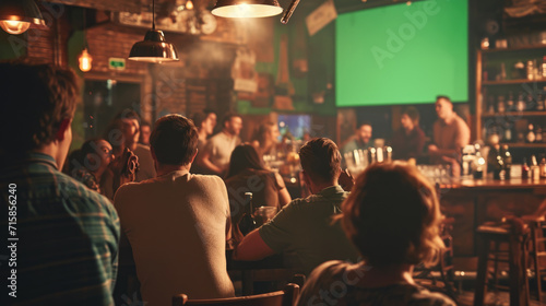 Group of people in a bar watching a television screen with a green chroma key screen