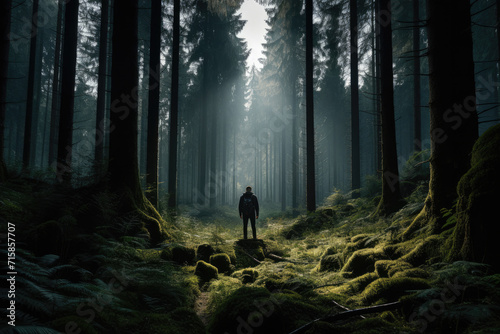 Single traveller walking path through a deepforest