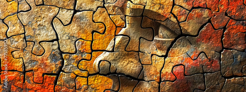  Puzzle pieces with ancient cave painting style artwork on a textured stone background.