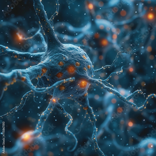 Rare disease is shown in the form of an organism on the blur background, in the style of light orange and dark grey, photorealistic detailing. 