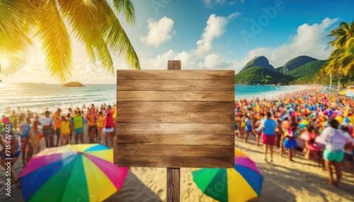 quadro de madeira vazio em frente a uma praia lotada e colorida, festa de carnaval