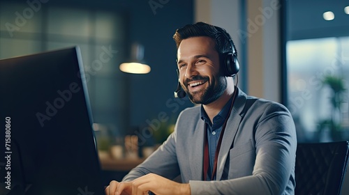 Call center workers. Smiling customer support operator with hands-free headset working in the office