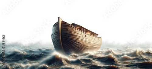 Noah's ark. Isolated transparent background. Stormy ocean. Biblical story. One couple of animals. Salvation. Prophet and prophecy. Listening to god's warnings. Troubled ocean. 