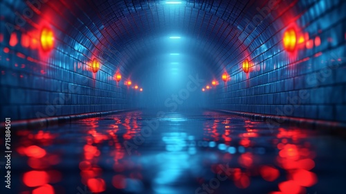 Futuristic blue tunnel with red lighting and reflective floor
