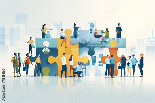 Vibrant scene of employees working together and each person contributing a unique piece to a shared success puzzle, diversity of roles and talents within the office team, Collaborative Success concept