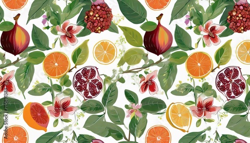 big vector seamless pattern with set of garnet lemon orange and figs branch green leaves fruit flowers