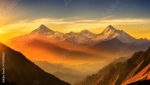 painting of panoramic view of great himalayan range at sunset with the mountains glowing in the warm light of the setting sun