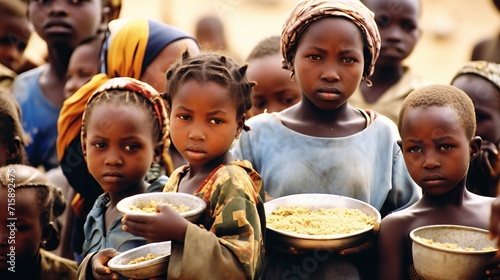 hungry poor african girl, in dirty clothes, stands with an empty bowl waiting for food concept: group of hungry poor african children, humanitarian aid, poverty in africa