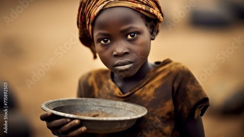 hungry poor african girl in dirty clothes stands with an empty bowl waiting for food concept: humanitarian aid, poverty in africa