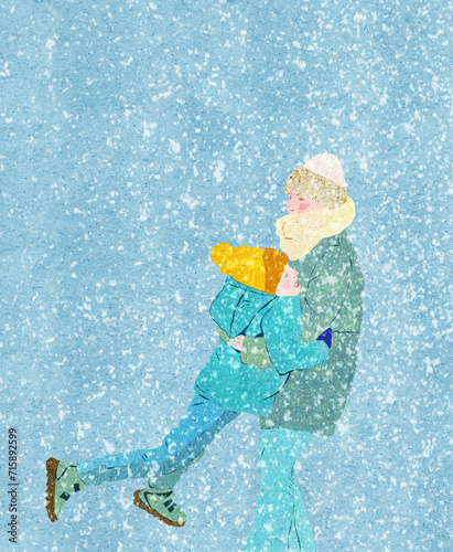 Dzieci chłopiec i dziewczynka bawiący się na śniegu zimowe zabawy.