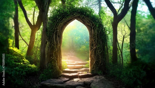 magical arch portal made with tree branches door to fantasy dimension digital illustration
