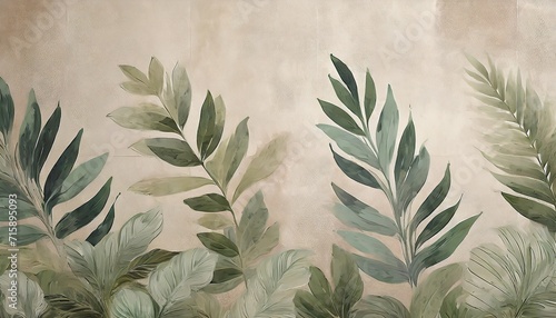 large art painted leaves on a textured wall in pastel colors photo wallpaper for the interior