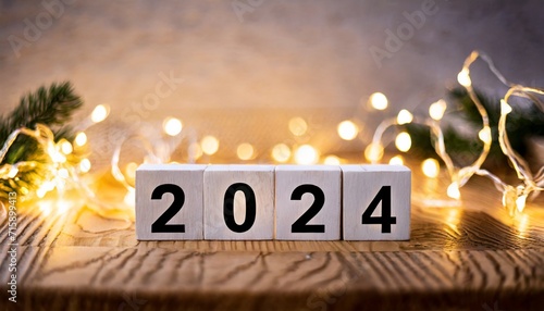 2024 new year coming white wooden blocks with 2024 new year date on the table in the cozy light of christmas lights
