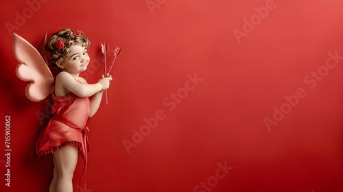 Cupid with bow on a beautiful red background for Valentine's Day 