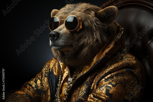  a close up of a bear wearing sunglasses and sitting in a chair with its head turned to the side and wearing a gold and black jacket.