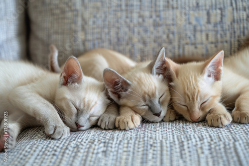 Four burmese kittens sleep sweetly on the couch
