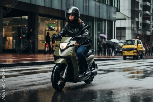 Chica joven en motocicleta por la ciudad lloviendo