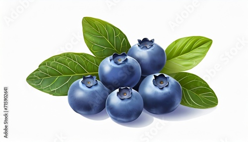 handful of blueberries with leaves isolated on white background