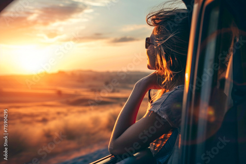 Happy woman traveling opens window to breathe fresh air of nature, Female enjoy travel in outdoor lifestyle activity on road trip vacation