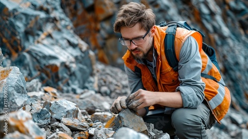 Geologist analyzing mineral deposits in a rocky terrain, contributing to resource exploration. [Geologist analyzing mineral deposits