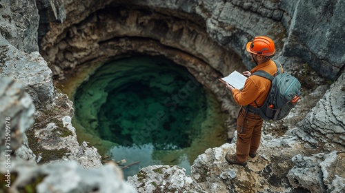 Geologist examining karst topography and sinkholes in limestone terrain. [Geologist studying karst topography