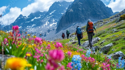 Mountaineers navigating a rocky section of a mountain with colorful alpine flowers in the foreground. [Mountaineers in rocky alpine terrain with flowers