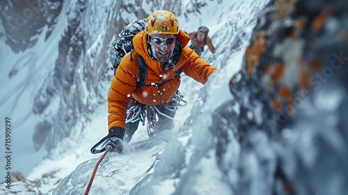 Climbers ascending a mixed ice and rock route on a challenging alpine face, showcasing technical mountaineering skills. [Climbers on mixed ice and rock route on alpine face