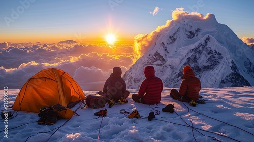 Sunrise view from a high-altitude bivouac with mountaineers preparing for the day's ascent. [Sunrise view from high-altitude mountaineering bivouac