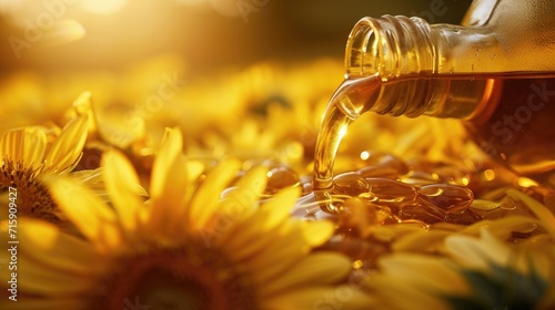 Sunflower cooking oil pours from bottle wallpaper background