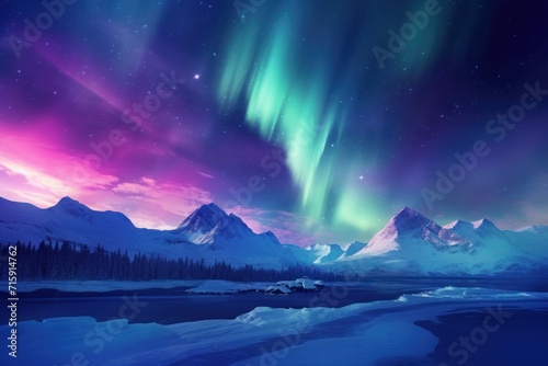  a beautiful view of the aurora and the northern lights in the night sky over a frozen lake and snow covered mountains.