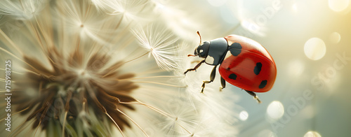 Beautiful flying red ladybug with white dandelion fluffy.