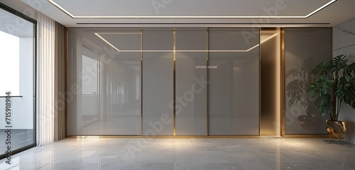 Grey wardrobe, gold accents, glossy sliding doors in a minimalist setting