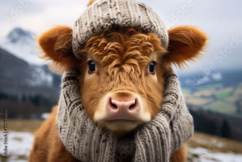  a close up of a cow wearing a sweater and a knitted hat with a mountain in the back ground.